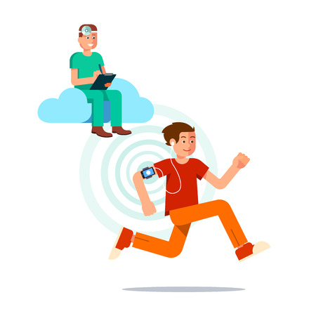 Young man running and using smartphone as a fitness tracker. Doctor using cloud computing and AI is gathering health data to provide better healthcare. Flat style vector illustration template.のイラスト素材