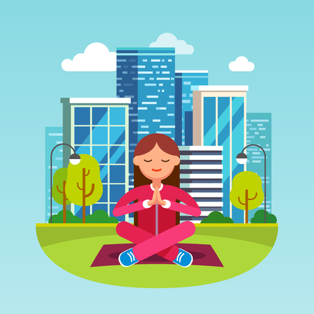 Young woman meditating in contemplation sitting on the grass in lotus yoga pose at the big city park. Girls hands are folded in peaceful namaste gesture. Flat style character vector illustration.のイラスト素材