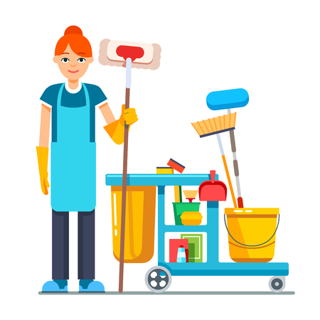 Professional cleaner woman with janitor cart full of supplies and equipment. Flat style vector illustration isolated on white background.のイラスト素材