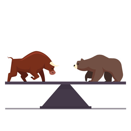 Stock market bulls and bears battle metaphor. Stock exchange trading business concept. Market equilibrium. Modern fat style vector illustration.のイラスト素材