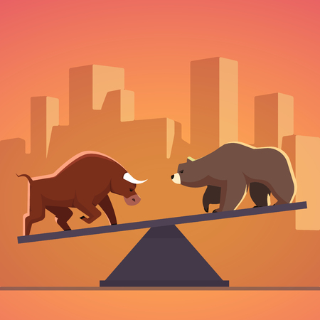 Stock market bulls and bears battle metaphor. Stock exchange trading business concept with city downtown sunset background. Modern fat style vector illustration.のイラスト素材