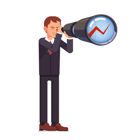 Financial investment forecasting. Business man stock market trading broker looking ahead through spyglass on a growth chart. Flat style vector character illustration.のイラスト素材