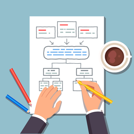 Business man drawing a block diagram plan while drinking his coffee. Strategic planning of business process. Flat style vector illustration.のイラスト素材