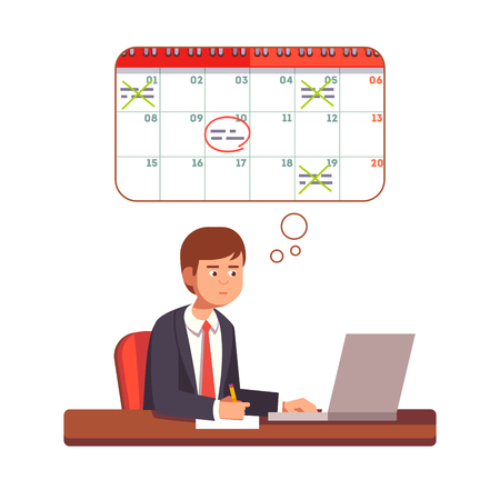 Business man thinking and planning process. Young entrepreneur planning his month on a laptop computer. Flat style vector character illustration.のイラスト素材