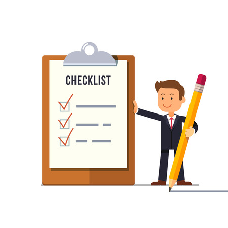 Little business man with marked checklist on a clipboard paper. Ticks on a paper check list. Manager with all tasks done. Flat style cartoon vector illustration.のイラスト素材