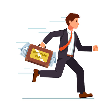 Businessman running with business plan in his suitcase. Hurrying fast with his ideas to an investor meeting. Flat style vector character illustration.のイラスト素材