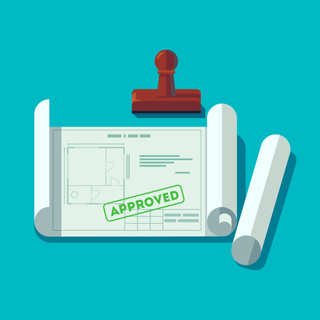 House planning technical blueprints received permission. Building plan approved stamp. Flat style vector illustration.のイラスト素材