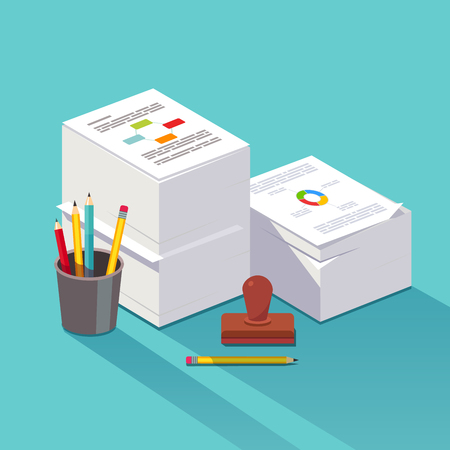 Heap of research documents. Two stacked paper piles accompanied by official stamp, pens and pencils. Bureaucracy concept. Flat style vector illustration.のイラスト素材