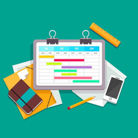 Gantt chart planning process document on a paperclip lying on the desk next to other documents, files, phone and personal notebook. Flat style vector illustration.のイラスト素材