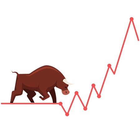 Stock exchange market bulls metaphor. Growing, rising up stock price. Trading business concept. Modern fat style vector illustration.のイラスト素材