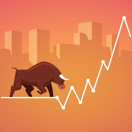 Stock exchange market bulls metaphor. Growing, rising up stock price. Trading business concept. Modern fat style vector illustration.のイラスト素材