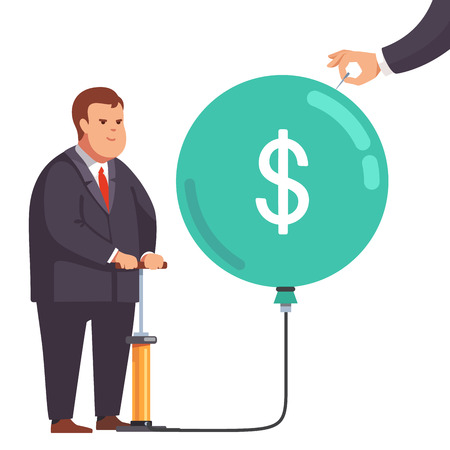 Big fat corporation or financial power depicted as obese business man inflating a market bubble with dollar sign. Hand holding a needle ready to pop burst it. Flat style vector concept illustration.のイラスト素材
