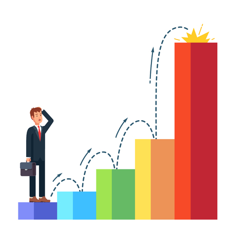 Business man planning his career growth with dotted line. Standing in the beginning of bar chart graph on the first column and looking ahead toward success. Flat style vector illustration.のイラスト素材