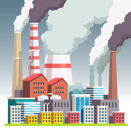 Smog polluted urban landscape. Highly polluted city with factory plants smoking towers and pipes. Environment contaminating carbon dioxide emissions. Flat style vector illustration.のイラスト素材