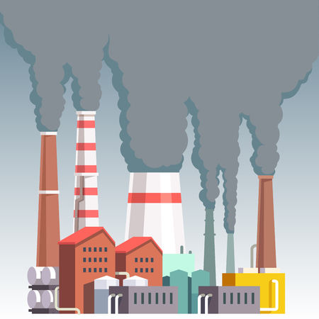 Highly polluting factory plant with smoking towers and pipes. Carbon dioxide emissions. Environment contamination. Flat style vector illustration.のイラスト素材