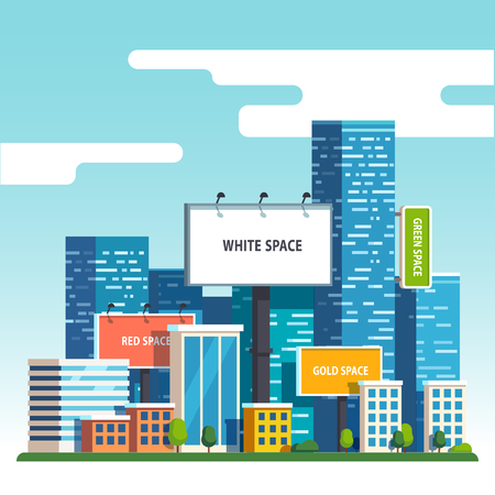 Large blank urban billboards with copy space text standing high over large city street skyscrapers buildings. Flat style vector illustration template.のイラスト素材