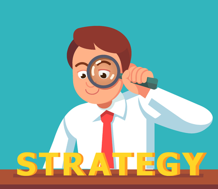 Business man looking at STRATEGY word through magnifying glass. Financial analyst concept. Flat style vector character illustration.のイラスト素材