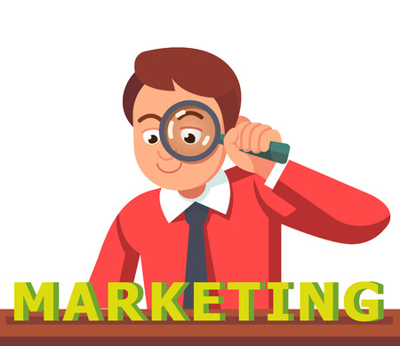 Business man looking at MARKETING word through magnifying glass. Financial analyst concept. Flat style vector character illustration.のイラスト素材