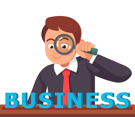 Business man looking at BUSINESS word through magnifying glass. Financial analyst concept. Flat style vector character illustration.のイラスト素材
