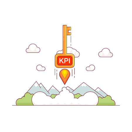 KPI growth concept. Key performance indicator skyrocket trough the sky. Tremendous business success metaphor. Modern flat style thin line vector illustration isolated on white background.のイラスト素材
