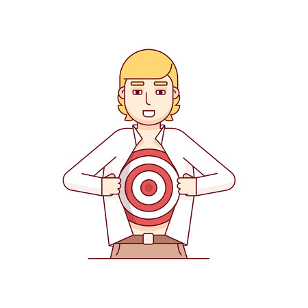 Business man opening shirt off revealing aim target bravely waiting for an arrow of opportunity. Modern flat style thin line vector illustration. Concept isolated on white background.のイラスト素材