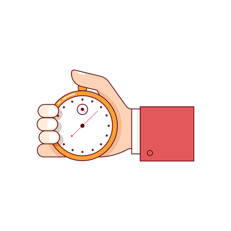Business man hand holding stopwatch. Modern flat style thin line vector illustration. Concept isolated on white background.のイラスト素材