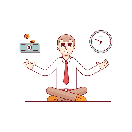 Business man sitting in lotus meditation pose finding balance on metaphoric scales of money and time. Modern flat style thin line vector illustration. Concept isolated on white background.のイラスト素材