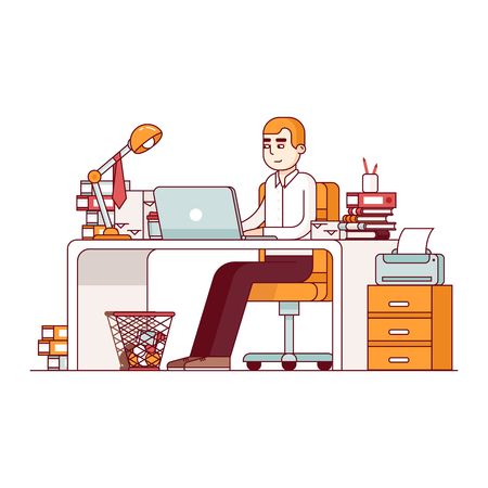 Business man entrepreneur in a suit working at his office desk. Overworked employee doing lots of paperwork. Modern flat style thin line vector illustration. Concept isolated on white background.のイラスト素材