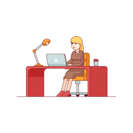 Business woman lady entrepreneur in a suit working on a laptop computer at her clean and sleek office desk. Modern flat style thin line vector illustration. Concept isolated on white background.のイラスト素材