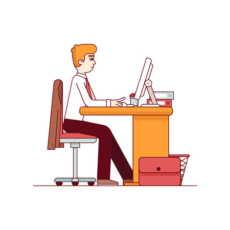 Business man working on a desktop computer at the office desk. Sitting on chair and keyboard typing. Modern flat style thin line vector illustration. Concept isolated on white background.のイラスト素材