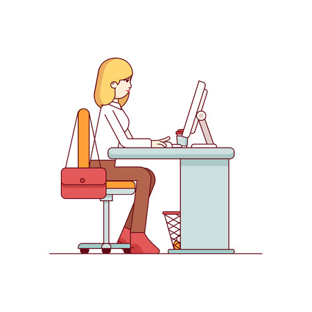 Business woman working on a desktop computer at the office desk. Sitting on chair and keyboard typing. Modern flat style thin line vector illustration. Concept isolated on white background.のイラスト素材