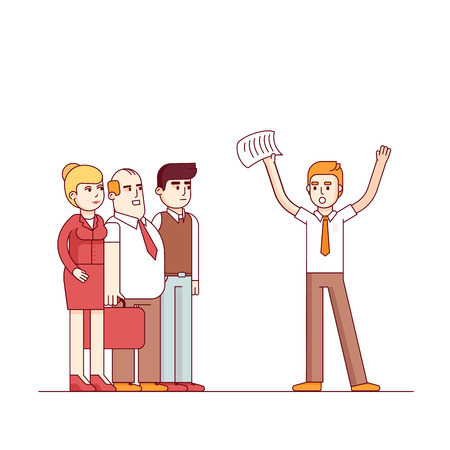 Worried business man yelling at listening people waving hands with paper. Modern flat style thin line vector illustration. Concept isolated on white background.のイラスト素材