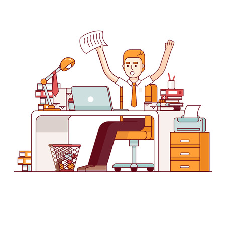 Alarmed, yelling business man waving paper over his head at his office desk. Overworked employee doing lots of paperwork. Modern flat style thin line vector illustration isolated on white background.のイラスト素材