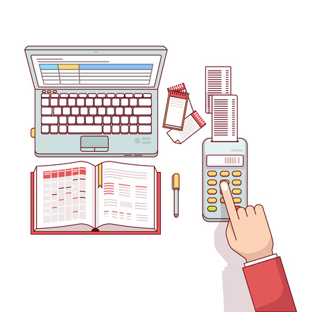 Business man planning, calculating and scheduling his expenses or taxes with his spreadsheets on laptop computer and notepad. Flat style thin line vector illustration isolated on white background.のイラスト素材