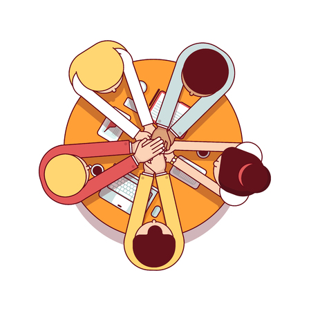 Business development team staking hands over circle table. Starting up work together. Aerial top view. Modern flat style thin line vector illustration isolated on white background.のイラスト素材
