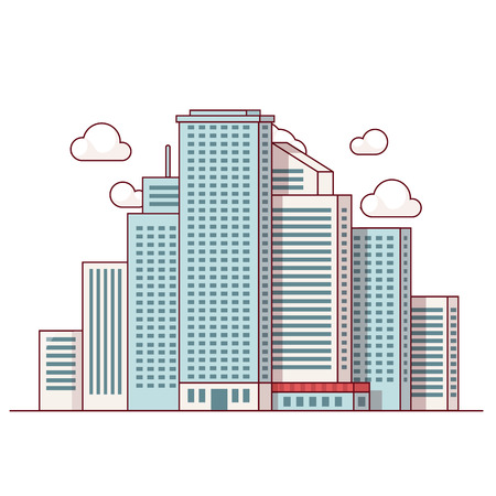 City downtown landscape with high skyscrapers piercing clouds in the sky. Modern flat style thin line vector illustration isolated on white background.のイラスト素材