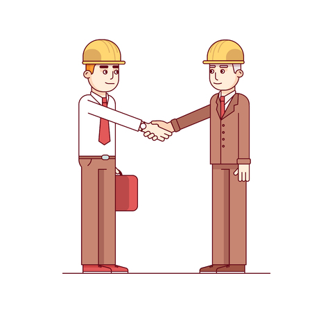 Business man and engineer or architect in hard hats standing shaking hands. Modern flat style thin line vector illustration isolated on white background.のイラスト素材