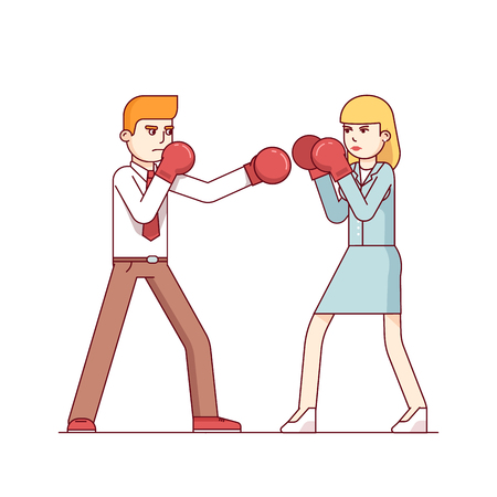 Business man and business woman fighting in boxing gloves. Intersexual conflict and woman employees harassment concept. Modern flat style thin line vector illustration isolated on white background.のイラスト素材