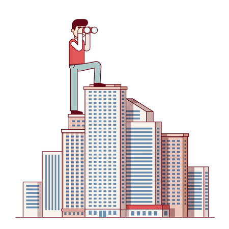 Successful business man standing at skyscraper top and looking through binoculars. Leader and leadership concept. Modern flat style thin line vector illustration isolated on white background.のイラスト素材