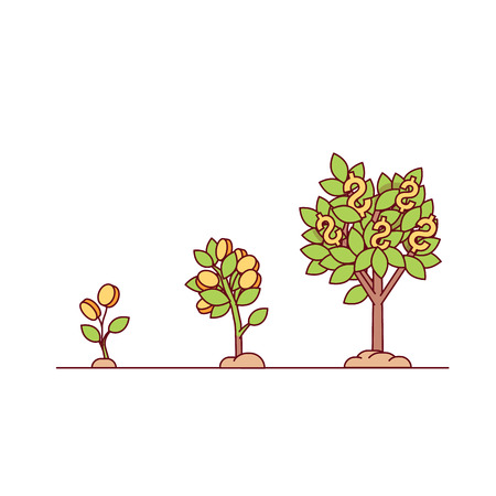 Growing money tree. Green cash and coins sprouts rising from good fertilised soil. Modern flat style thin line vector illustration isolated on white background.のイラスト素材