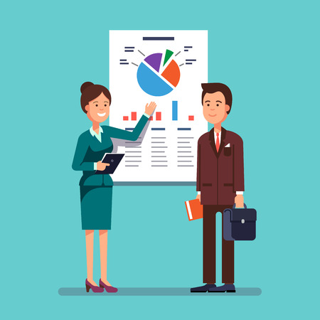 Business woman and mentor giving a presentation speech showing marketing and sales data to a man. Modern flat style concept vector illustration isolated on white background.のイラスト素材