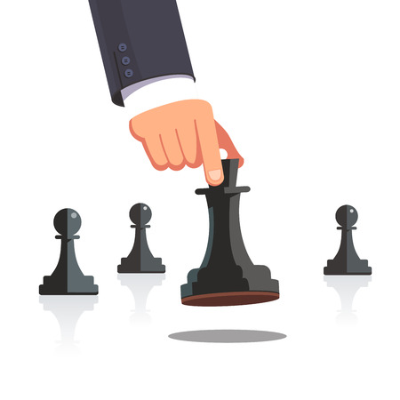 Business man hand making a strategic chess move with white queen piece with support of her pawns. Modern flat style concept vector illustration isolated on white background.のイラスト素材