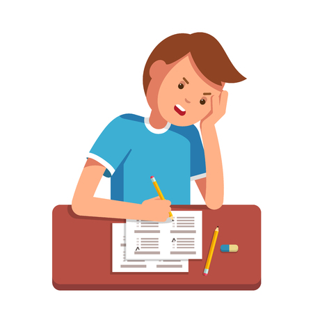 Stressed school student filling out answers to exam test answer sheet with pencil sitting at a classroom desk. Not knowing answers. Modern flat style vector illustration isolated on white background.のイラスト素材