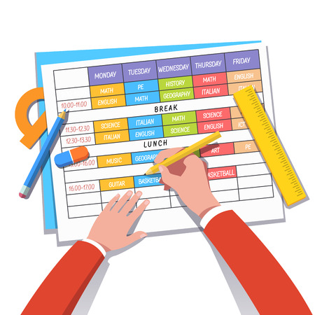 School teacher or student drawing a class schedule with pencil and ruler. Modern flat style concept vector illustration isolated on white background.のイラスト素材