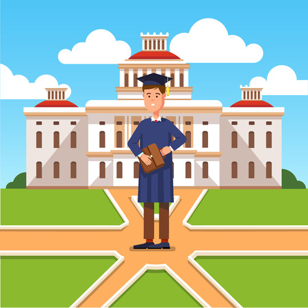 Young graduated bachelor standing in front of his university and making decision about his future career. Modern flat style concept vector illustration isolated on white background.のイラスト素材