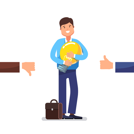 Young entrepreneur standing and holding new idea in form of lightbulb in hands waiting for people approval. Modern flat style concept vector illustration isolated on white background.のイラスト素材