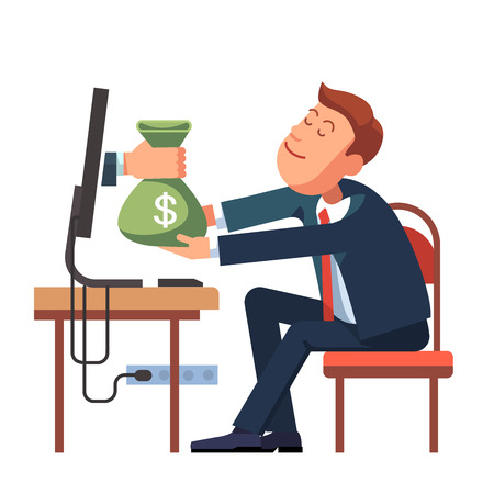 Hand giving money sack from a computer to young business man sitting at his office desk. Modern flat style concept vector illustration isolated on white background.のイラスト素材