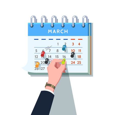 Business man hand sticking push pin into month calendar schedule marking upcoming appointment. Modern flat style concept vector illustration isolated on white background.のイラスト素材