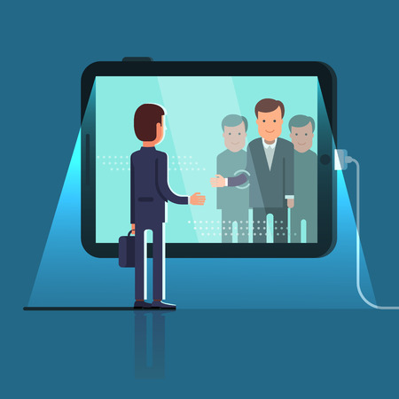 Business man reaching through the glass to shake hands with group of partners on conference video call via huge tablet computer. Flat style concept vector illustration isolated on dark background.のイラスト素材