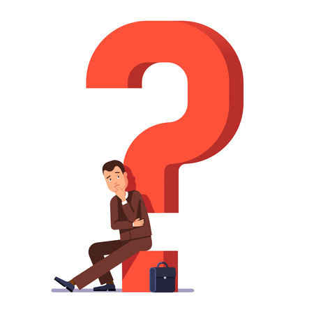 Young business man thinking and asking himself about next job or project. Career choosing concept. Modern flat style vector illustration isolated on white background.のイラスト素材